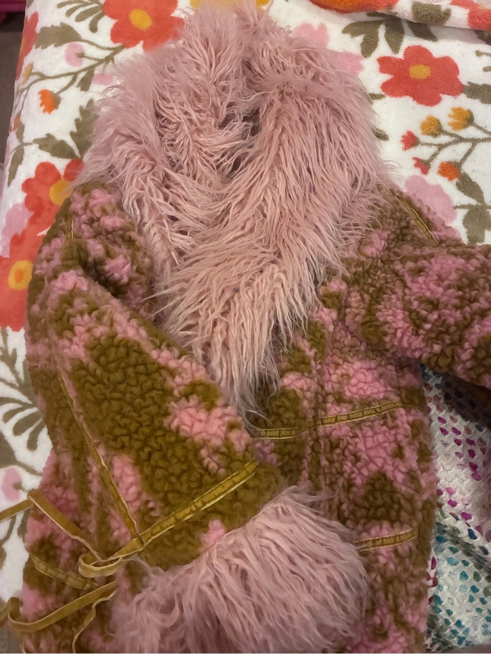 Free People Pink & Olive Floral Faux Fur Coat - Picture 6 of 9